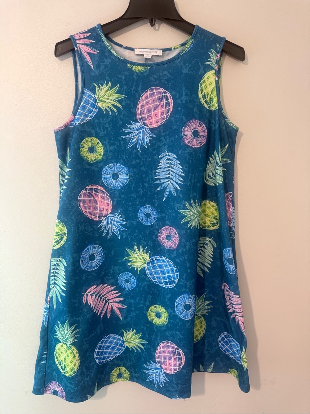 Celebrate Together Blue Pineapple Pink Yellow Print Sleeveless Dress size medium